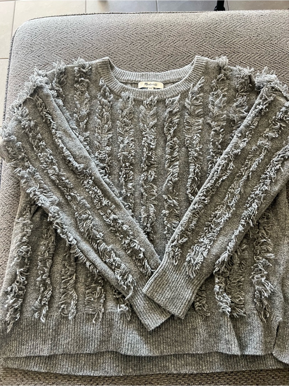 Madewell Gray Textured Fringe Crewneck Sweater